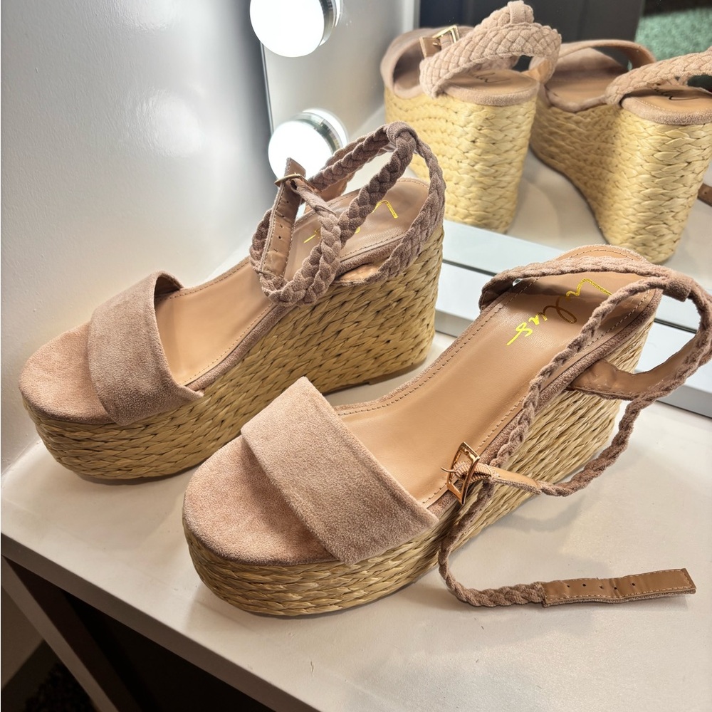 Braided Strap Wedge Sandals - Tan